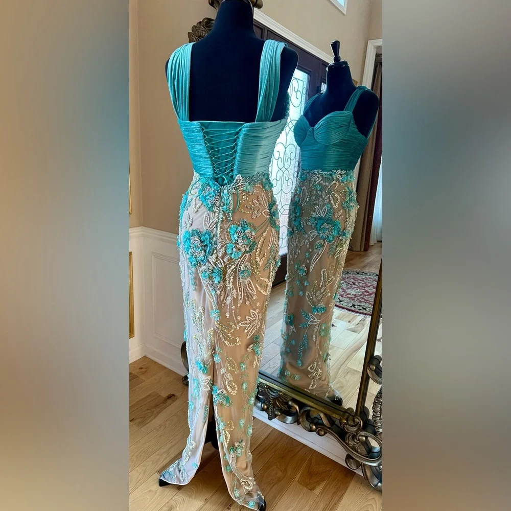 Crystal Beaded Formal Sweetheart Neckline Custom Gown Beige Turquoise Size 4 - Picture 15 of 16
